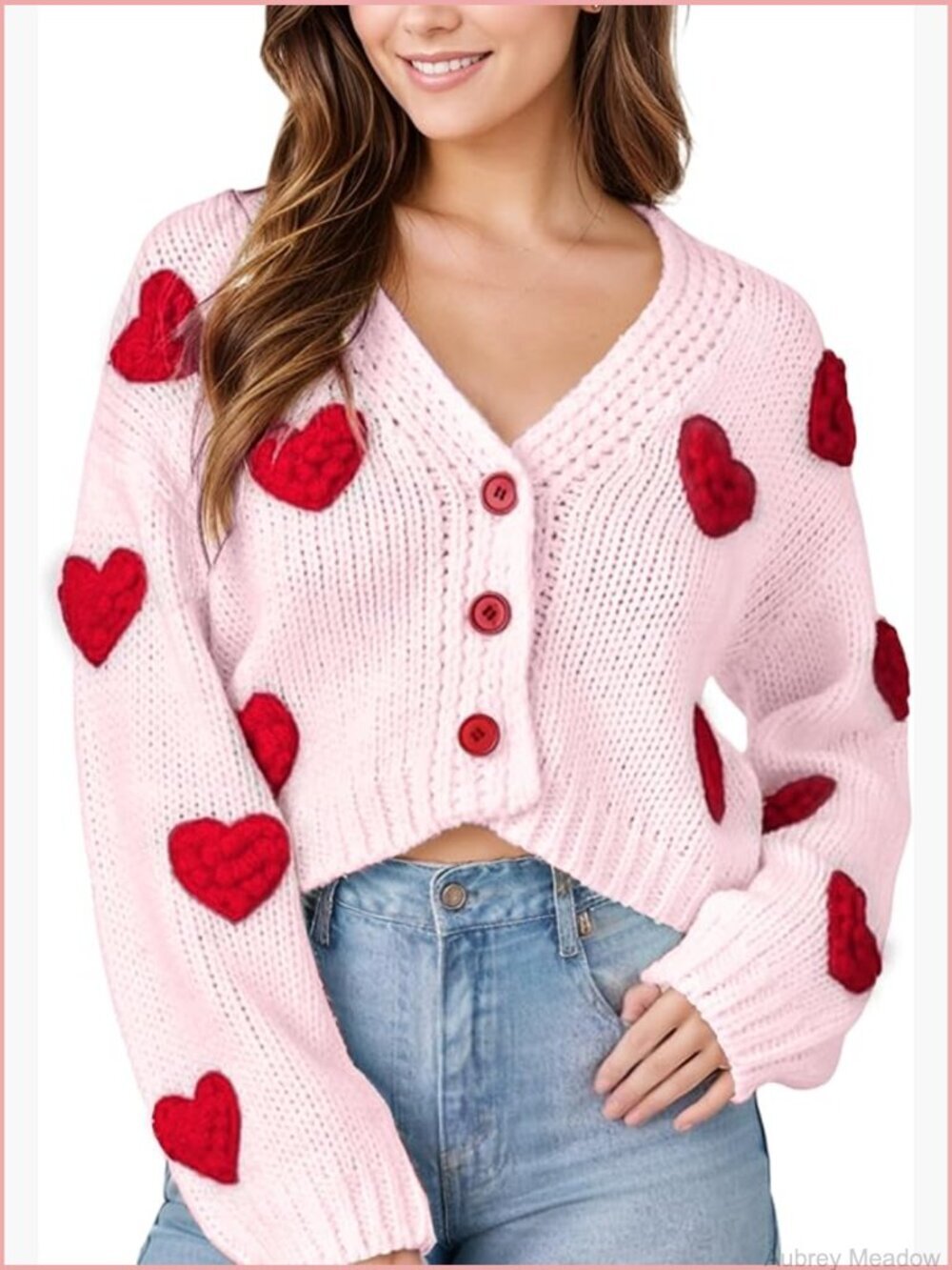 Valentine Heart Print Cropped Cardigan Open Front Button Down Knit Sweater